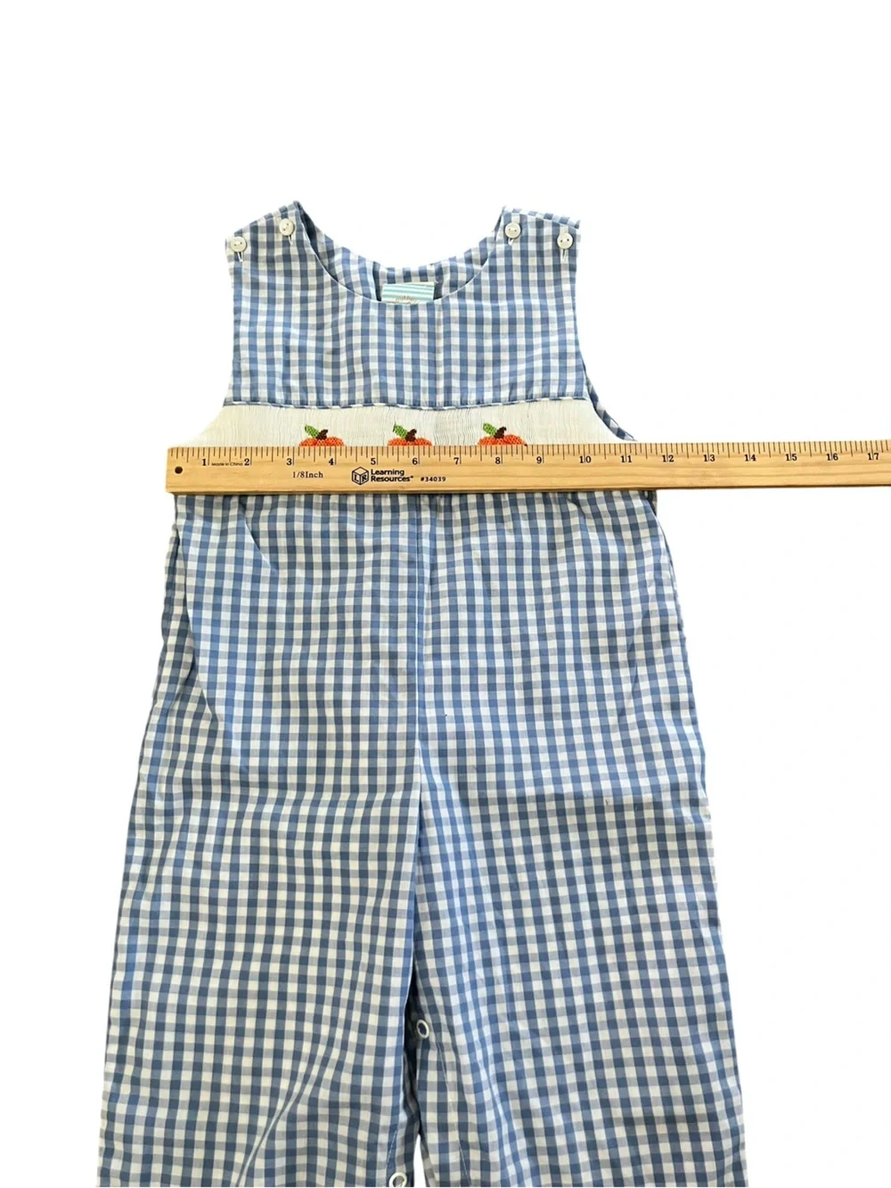 Southern Sunshine Boys Smocked Pumpkin Blue Gingham Longall Romper, Size 24M